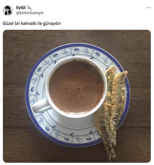 Twitter'da @birkivilcimytr adlı bir kullanıcı, Türk kahvesinin yanına koyduğu hamsi fotoğrafını "Güzel bir kahvaltı ile günaydın" mesajıyla paylaşmış. Bakalım bu ilginç kahvaltı kombinasyonuna bizim millet ne tepki vermiş?