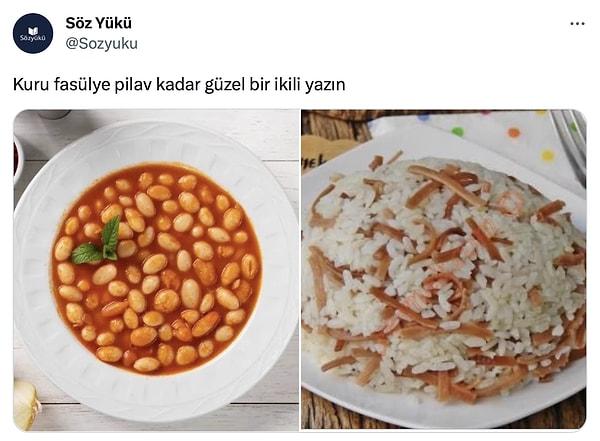 Twitter'da @Sozyuku adlı bir profil, "Kuru fasulye pilav kadar güzel bir ikili yazın" paylaşımında bulunmuş. Ancak olay farklı yemek kombinasyonlarından çıkıp bambaşka ikililere gelmiş. Bakalım kimler bu soruya ne yanıt vermiş?