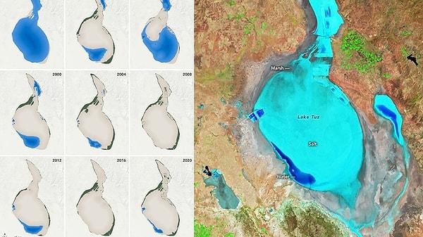 Türkiye'nin en büyük ikinci gölü olan Tuz Gölü'nün kuruma oranı NASA tarafından korkutucu şekilde gözlemlenmiş durumda.