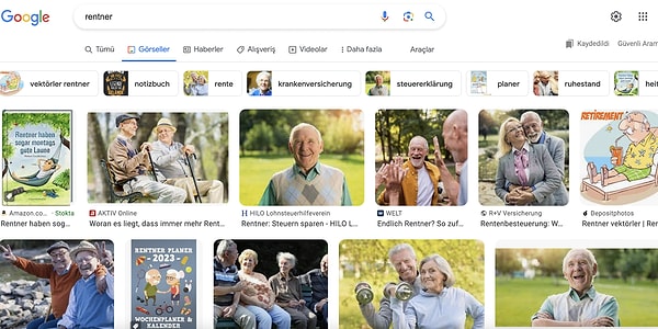 Daha sonra da Almanca 'emekli' kelimesine baktık ve farklı bir sonuç almadık. Sayfa, hayatın tadını çıkaran insanlarla dolu.