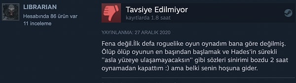 8. Dediğimiz gibi, her oyun herkese hitap etmiyor. Bu oyuncu da roguelike türünün kendisine göre olmadığını türün en iyi yapımlarından Hades'ten bile beklediğini bulamadıktan sonra keşfetmiş.