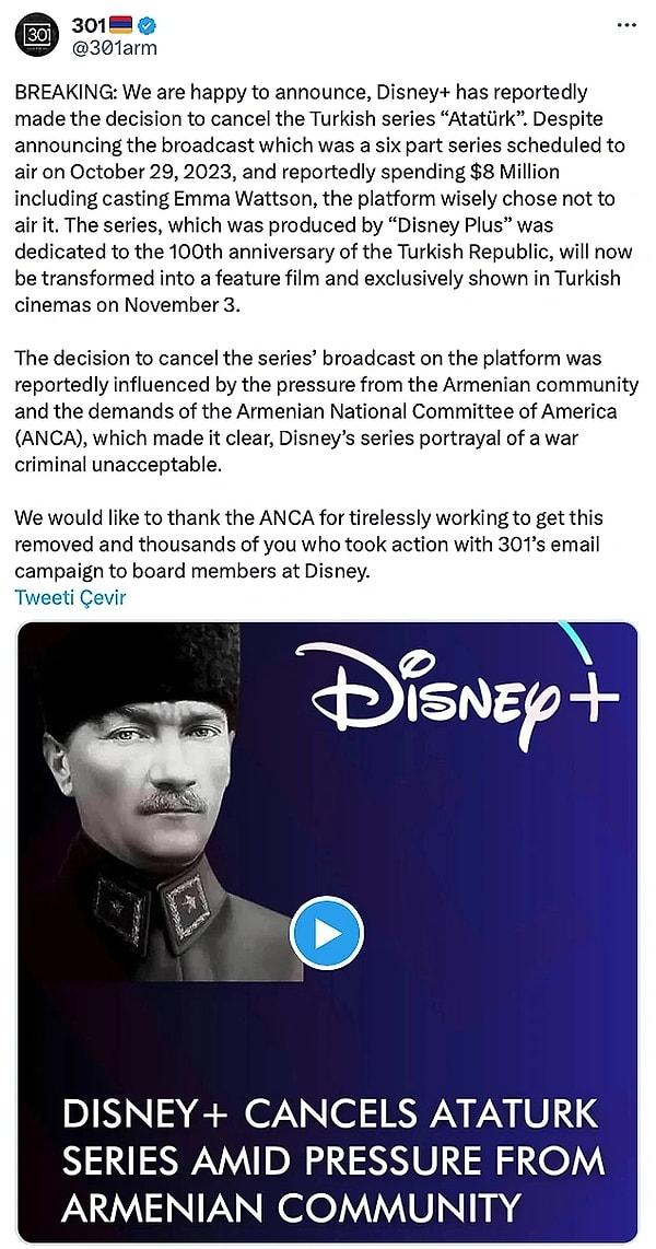 Bir Ermeni haber ajansı da Disney'e Atatürk dizisini iptal ettiği için teşekkür edince ortalık karıştı.