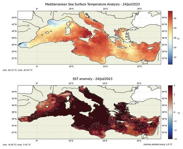 Geçen hafta yapılan ölçümlere ilişkin TÜRK Deniz Araştırmaları Vakfı’ndan (TÜDAV) yapılan açıklamada, Akdeniz'in ortalama yüzey suyu sıcaklığı daha önce hiç görülmemiş bir seviye olan 28,4 dereceye çıktı. Bu durum, deniz yaşamını ciddi şekilde etkileyerek türlerin yok olmasına potansiyel olarak yol açabilir denildi.