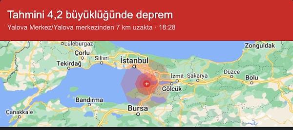 Google, Marmara Denizi’nde 18:29’da meydana gelen depremin büyüklüğünü 4.2 olarak duyurdu.