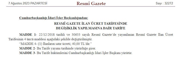 Zam kararıyla ilgili Resmi Gazete'de yayımlanan metin şöyle ⬇️