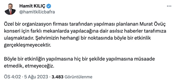 Bafra Belediye Başkanı Hamit Kılıç, sosyal medya hesabından “Böyle bir etkinliğin yapılmasına müsaade etmeyiz” diyerek tepki gösterdi.