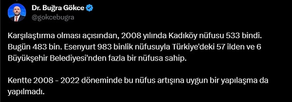 "Bu obez gelişim yoğunluk artışı ile yapılaşmayı arttırırken, yoğunluk artışını nüfus artışı takip etti. 2008 - 2022 arasındaki nüfus değişimine bakalım. Bu tablo yaşanan yoğunluk artışının boyutunu gösteriyor. Nüfus yüzde 163'lük artışla 373 binden 983 bine çıktı."