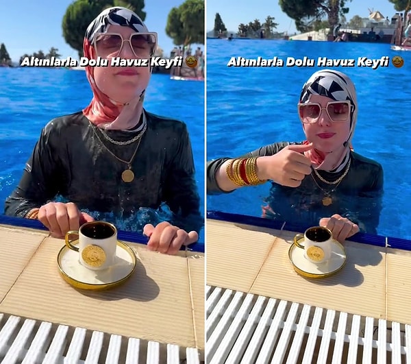 Altın bilezikleriyle havuza giren ve kahve keyfi yapan Nevra Bilem, yaptığı paylaşım ile TikTok'ta viral oldu.