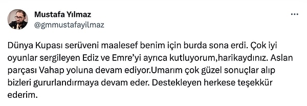 Başarılı bir tunuva geçiren GM Mustafa Yılmaz, sosyal medya hesabından açıklama yaptı ve Vahap Şanal'a başarılar diledi.