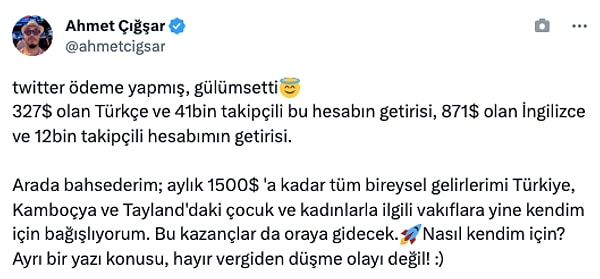 "327$ olan Türkçe ve 41bin takipçili bu hesabın getirisi, 871$ olan İngilizce ve 12bin takipçili hesabımın getirisi."