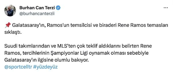 Sportcell'den gazeteci Burhan Can Terzi'nin haberine göre Sergio Ramos Galatasaray'a çok yakın.