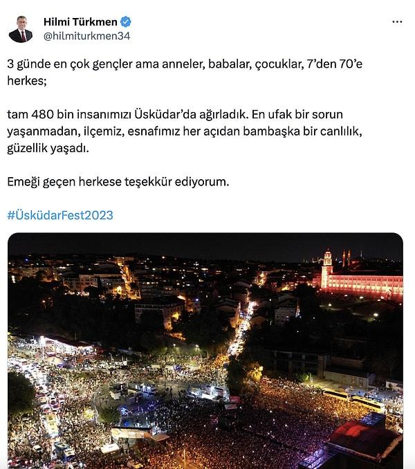 Üsküdar Belediye Başkanı Hilmi Türkmen, yoğun katılımın gerçekleştiği festivale 480 bin kişinin katıldığını duyurdu.