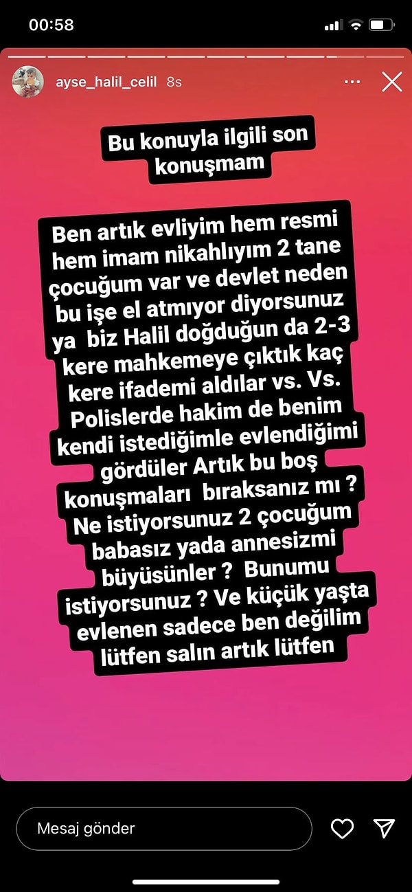 Tepki gösteren insanların 'Devlet bu duruma neden el atmıyor?' sorusunu ele alan ve buna göre cevap veren Ayşe, daha önce büyük oğlu Halil'i doğurduğu zaman mahkemelik olduklarını söyledi. Fakat işin içine 'rıza' girmiş...