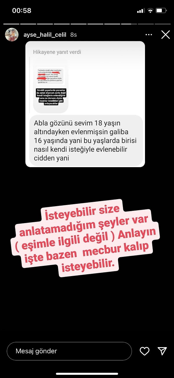 Bir diğer açıklaması da kendisine mesaj atan bir takipçisinin sözleri üzerine olmuş. 'Anlatamadığım şeyler var, anlayın işte' diyor Ayşe...