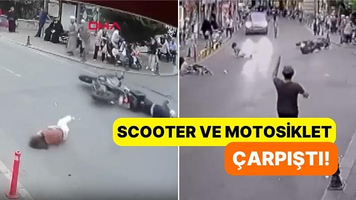 İstanbul Sokaklarında İki Genç Kızın Bindiği Scooter ile Motosikletin Çarpıştığı Korkunç Anlar