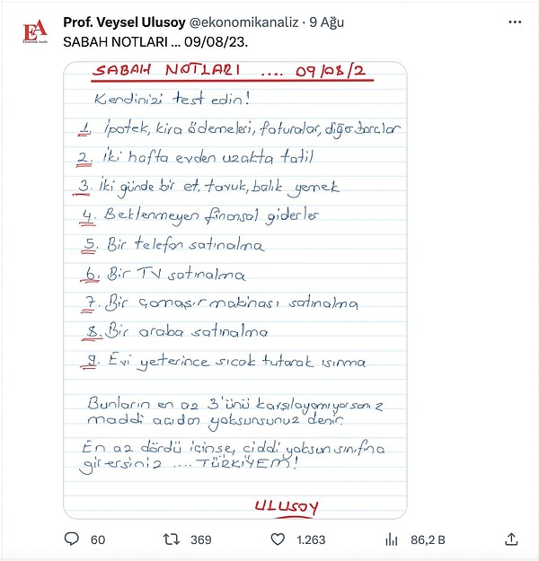 Ulusoy'un testine göre, "Aşağıdaki 9 maddeden en az 3’nü karşılayamıyorsanız ekonomik olarak yoksunsunuz demektir! En az 4’ünü karşılayamıyorsanız ciddi yoksunsunuz demektir!"