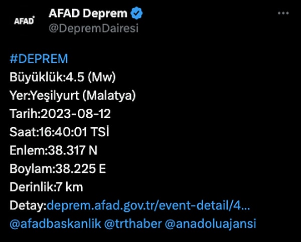 AFAD’ın açıklamasına göre bu deprem de 7 km derinlikte ve 4.5 büyüklüğünde gerçekleşti.
