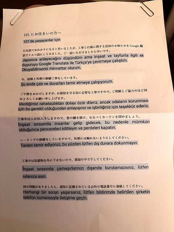 Japon ev sahibi, kiracısına evinde tamir olduğunu belirten bir yazı göndererek gerekli uyarılarda bulunmuş.👇🏻