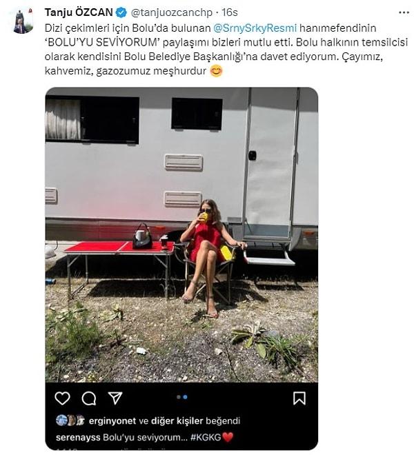 Sarıkaya'nın fotoğrafını Twitter hesabında yayınlayan Tanju Özcan, oyuncuyu etiketleyerek gazoz içmeye davet etti.
