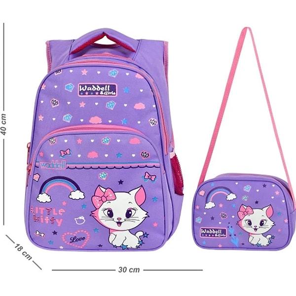 3. İlkokula giden minikler için lila rengi kedili okul çantası ve beslenme çantası.