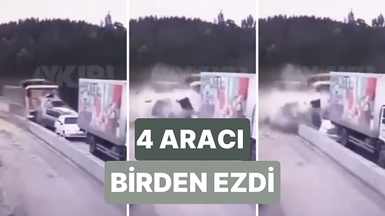 Rusya'da Freni Tutmayan Bir Kamyonun 4 Aracı Birden Ezdiği Feci Kazanın Görüntüleri Gündem Oldu