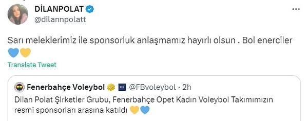 Dilan Polat da bu haberi Twitter hesabından "Sarı meleklerimiz ile sponsorluk anlaşmamız hayırlı olsun" diyerek duyurdu.