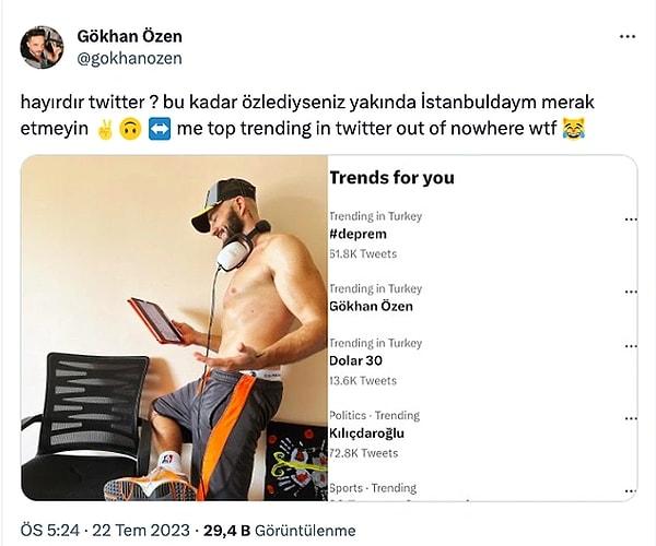 Geçtiğimiz ay Twitter'da sebepsiz yere gündem olan Özen, neden trend topic olduğunu anlamamış ve hayranları ile bu fotoğrafı paylaştı.