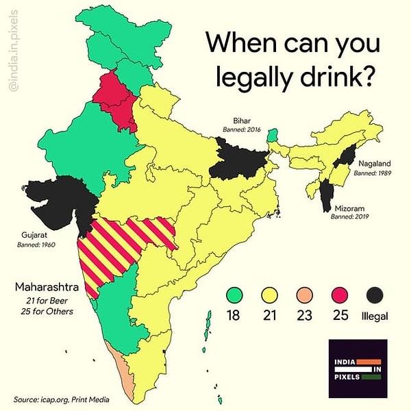 3. Hindistan'daki yasal alkol içme yaşları.