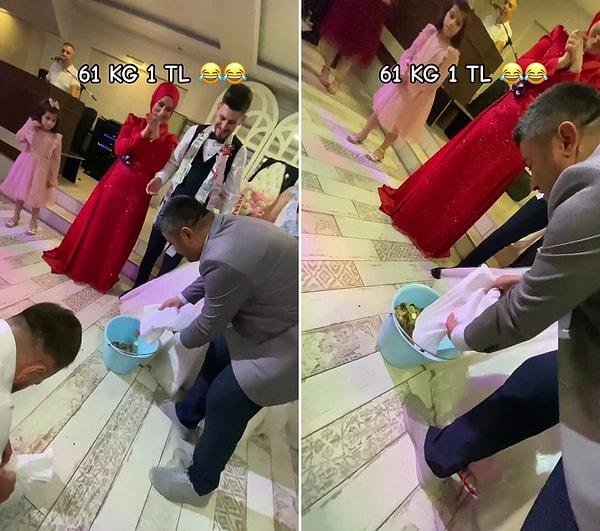 Trabzon'da bir düğünde kaydedildiği belirtilen görüntülerde, gelin ile damada 61 kilogram 1 TL takıldı.