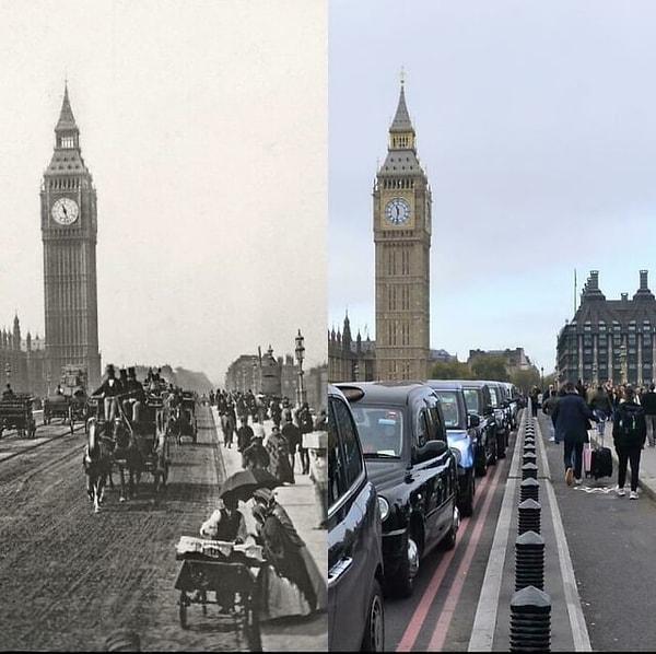 4. Westminster Köprüsü'nden Elizabeth Kulesi. (1869 ve 2022)