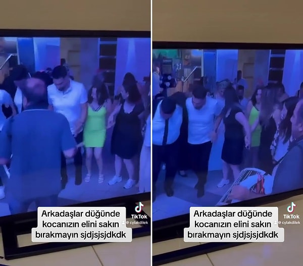 Kocasının elini tutarak halay çekmek isteyen kadına izin vermeyip halaydan kovan kadın o anları da "Kocama ölürüm, kocamla halay çekerken araya bir dişi girerse o ölür" diyerek paylaştı.