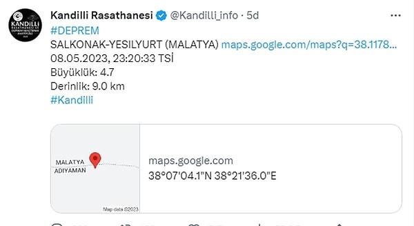 17. Aynı gün Kandilli Rasathanesi'nden ise yine saat 23:20'de Malatya Yeşilyurt'ta 4,7 büyüklüğünde 9 km derinliğinde bir deprem olduğu duyuruldu.