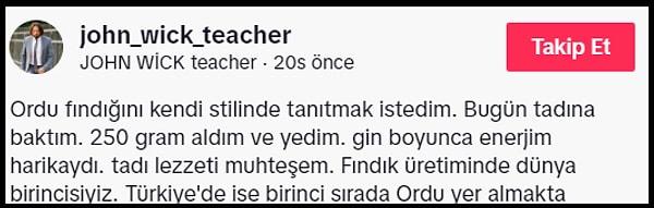 "@john_wick_teacher" ismiyle TikTok'ta paylaşımlar yapan Konyalı öğretmen, Ordu fındığı için bir tanıtım videosu çekti.