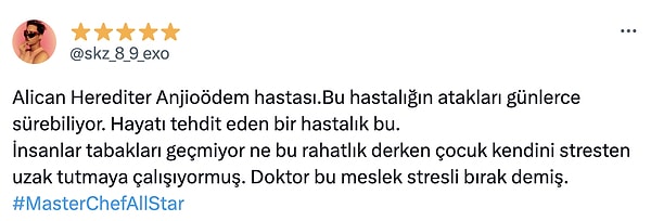 Bir kullanıcı Alican'ın hastalığının adının Herediter Anjioödem olduğunu söyledi.