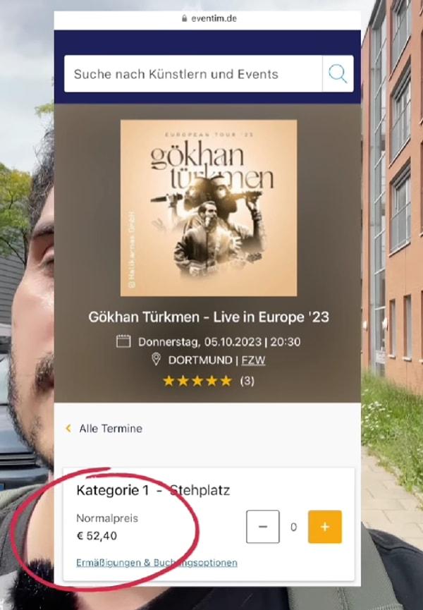 Gökhan Türkmen'in Almanya konseri bileti, 52,40 olurken TL bazında 1.552 TL'ye geliyor.
