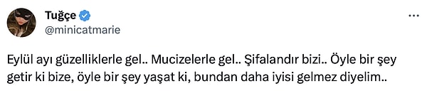 Tabii yaz biterken yeni gelen aydan da umutlarımızı gene (!) kesmedik. Twitter'da @minicatmarie adlı bir kullanıcı, Eylül ayından güzellik ve mucizeler istedi.