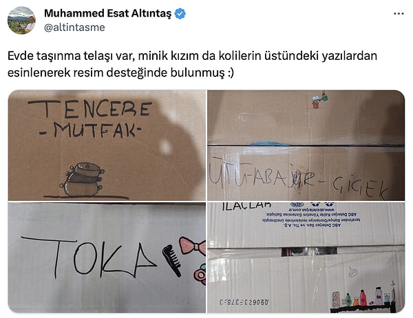 Twitter'da @altintasme adlı bir kullanıcı, taşınma esnasıda kızlarının kolilerin üzerine çizdiği resimleri paylaştı. Hepimizin beğeneceği bu resimlere kimi harika yorumlar yaparken kimi de küçük bir kızın böylesi ayrıntılı resimler yapmasına şüpheyle baktı.