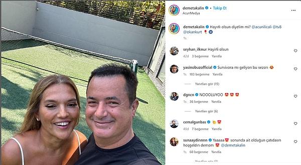 TV8'in sahibi Acun Ilıcalı'yla bir fotoğraf paylaşan Demet Akalın, gönderisine "Hayırlı olsun diyelim mi?" notunu düşünce sosyal medya yıkıldı.