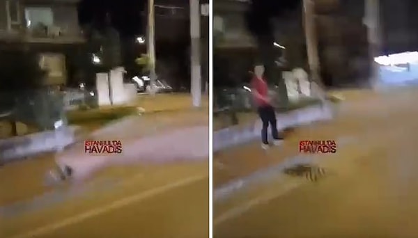 O görüntülerde motosikletli magandalar kaldırımda yürüyen bir kişiye kuru sıkı tabanca ile ateş edip, bankta oturan bir kadına da su döktüler.