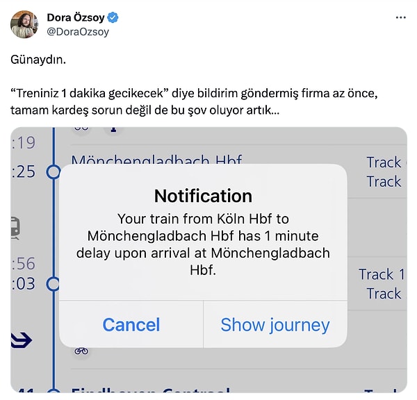 Dora Özsoy, “Treniniz 1 dakika gecikecek” bildirimini görünce takipçileriyle paylaşmak istemiş.