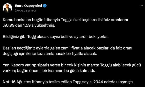 Gazeteci Emre Özpeynirci'nin paylaşımında kredi faizleri şu şekildeydi.