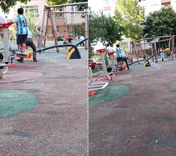 Sosyal medyada paylaşılan ve tepki çeken görüntülerde bir adam, elinde balta ile çocuk parkındaki oyuncağı parçalamaya çalışırken görülüyor.