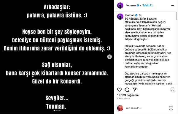 Çıkan haberlerden sonra Teoman sosyal medya hesabı üzerinden konuya açıklık getirdi: