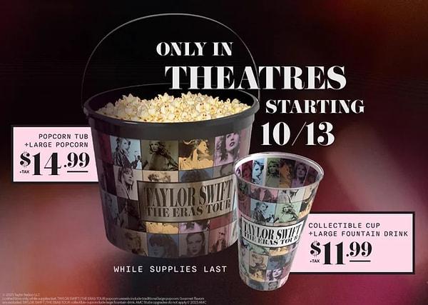 Ayrıca sinema gösterimi için özel üretilmiş 'Eras Tour' baskılı patlamış mısır kabı ve bardağı da satışa sunulacak.