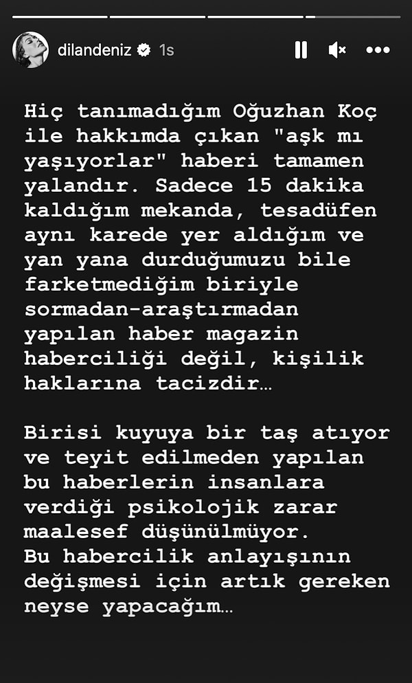 Oğuzhan Koç'u tanımadığını söyleyen Dilan Çiçek Deniz, "Bu yapılan magazin haberciliği değil, kişilik haklarına tacizdir" dedi 👇