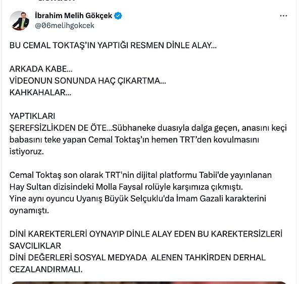 Sosyal medyada Cemal Toktaş'ın bu videosuna eleştiriler hızla artarken, yorum yapan isimlerden bir tanesi de Melih Gökçek oldu.