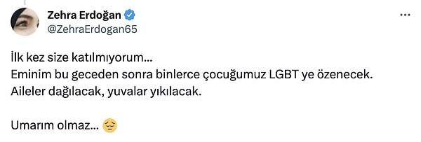 Bir kullanıcı Erdoğan'ın tebrik paylaşımına "İlk kez size katılmıyorum... Eminim bu geceden sonra binlerce çocuğumuz LGBT ye özenecek.  Aileler dağılacak, yuvalar yıkılacak." yorumunu yaptı.