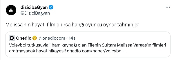 Filmleri aratmayan hayat hikâyesiyle yolu Türkiye'ye düşen Vargas'ın hayatına değindiğimiz içeriğimizi paylaştığımız bir tweete onlarca yorum gelirken, o yorumlardan biri de "Melissa'nın hayatı film olursa hangi oyuncu oynar tahminler" tweeti oldu.