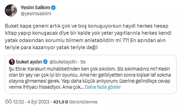 Buket Aydın’ın bu paylaşımına en güzel cevabı aslında Ebrar Karakurt altın madalyayı alarak vermişti ama şarkıcı Yeşim Salkım’ın paylaşımı çok konuşuldu. İşte o paylaşım: