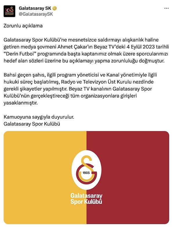 Galatasaray Spor Kulübü'nün "Zorunlu açıklama" başlıklı yazısında şu ifadelere yer verildi.